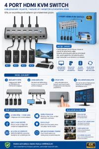 NOVACOM NVC-HDSW4 HDMI+USB 1/4 KVM 4K Switcher tek monitör klavye ve mouse üzerinden 4 farklı bilgisayarın kontrol 